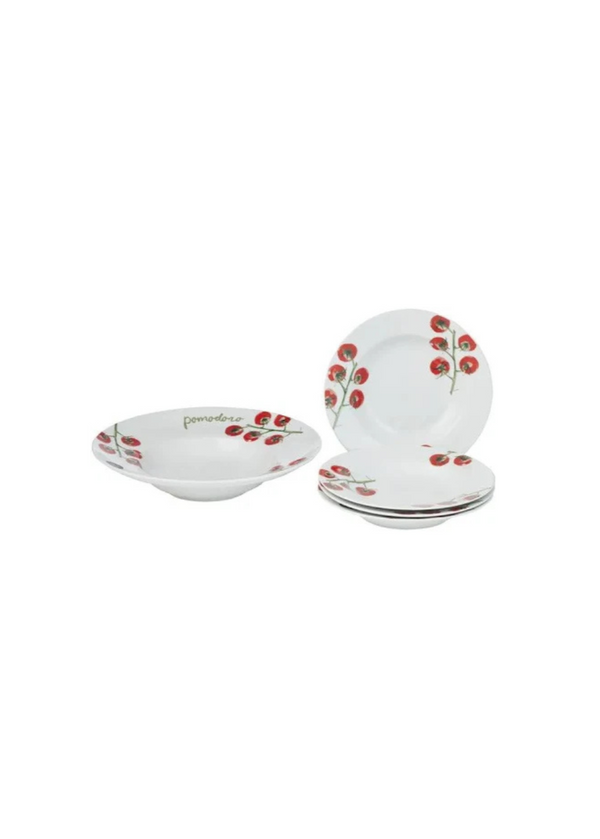 Set of ceramic dishes with cherry design on a white background